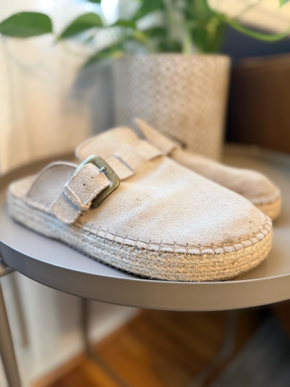 Haute Hippie / 8 / Suede Espadrille Flat Mule Beige / Boho Comfy Neutral Coastal